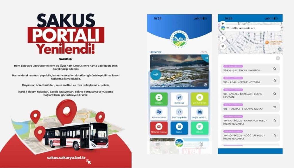 Belediye otobüsleri ve durak bilgileri akıllı uygulamada.